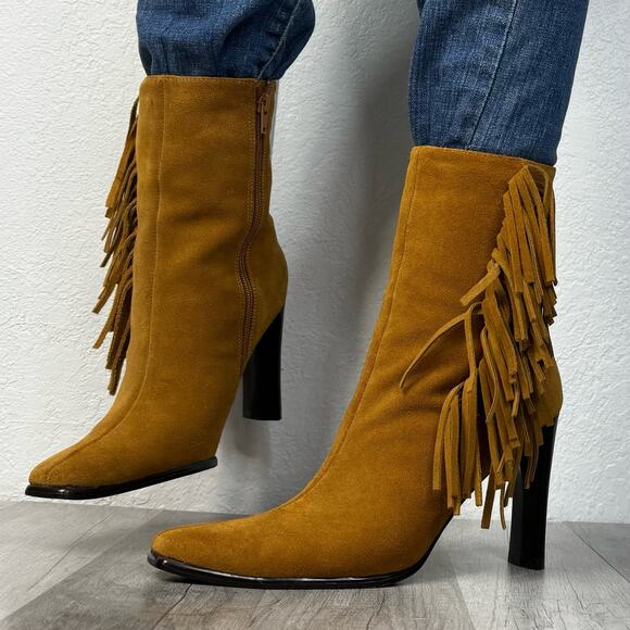 90s Fringe Square Toe Heeled Boots Tan Suede Western Predictions 7 1/2 - Picture 2 of 11